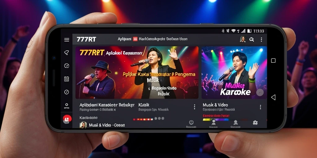 Antarmuka aplikasi Karaoke 777RT dengan fitur menyanyi dan memilih lagu.
